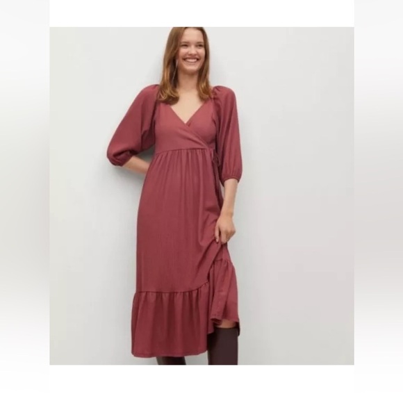 Mango Dresses & Skirts - MNG puff balloon 3/4 sleeve wrap front midi dress marron pink